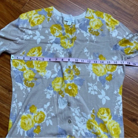 Charter Club Women's Tan Golden Watercolor Floral Soft Button Cardigan Size M - Picture 13 of 15